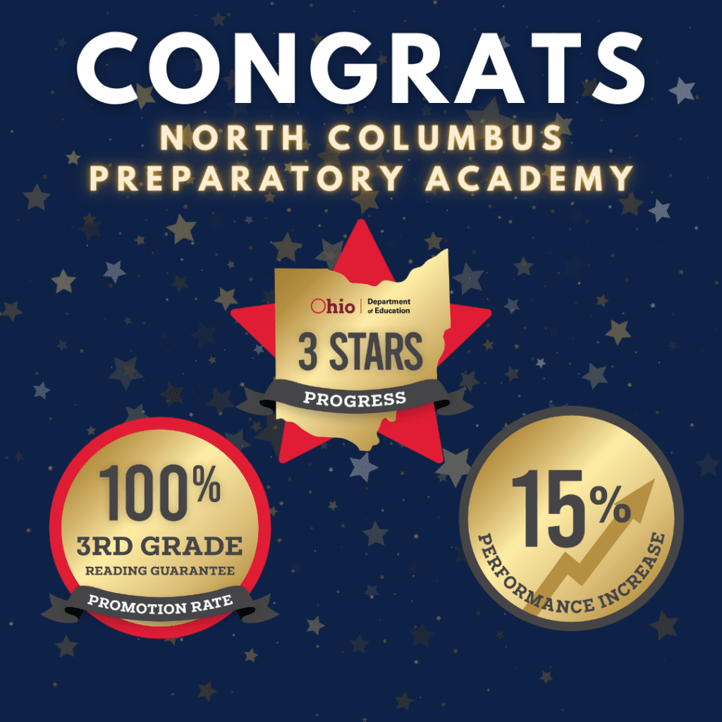 North Columbus Preparatory Academy achievements: 3 stars, 100% 3rd-grade reading, 15% performance increase.
