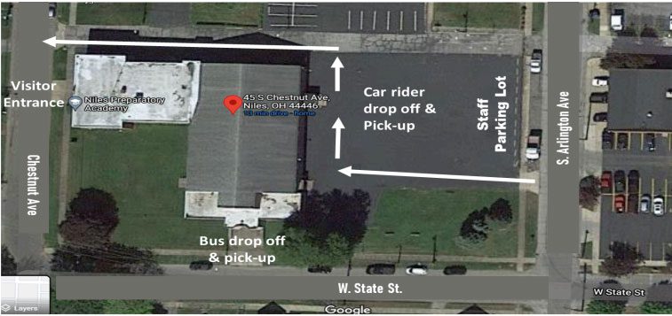 Aerial map showing drop-off and pick-up routes around a building.