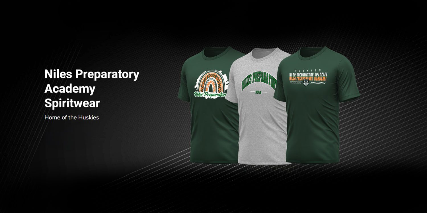 Three t-shirts, two dark green and one light gray, with spiritwear designs.
