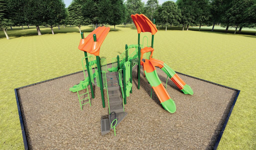 Orange and green playground with slides on wood chips.