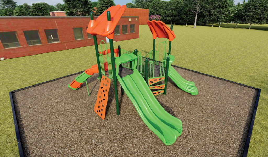 Orange and green playground with slides and climbing features on wood chips.