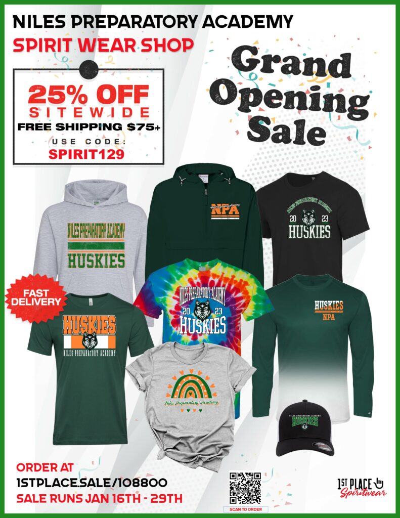 Flyer for a spirit wear shop grand opening sale with various apparel.