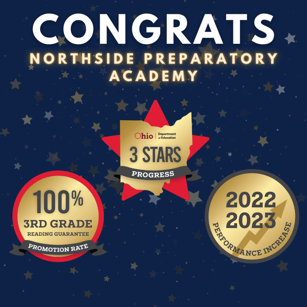 Graphic celebrating school achievements with stars, 3-star rating, and 100% reading promotion.
