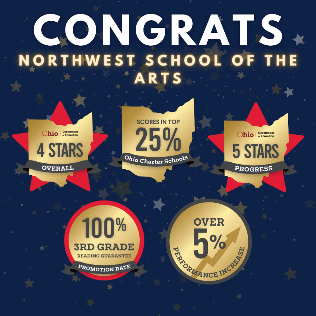 Infographic showing school achievements with star ratings and percentages.