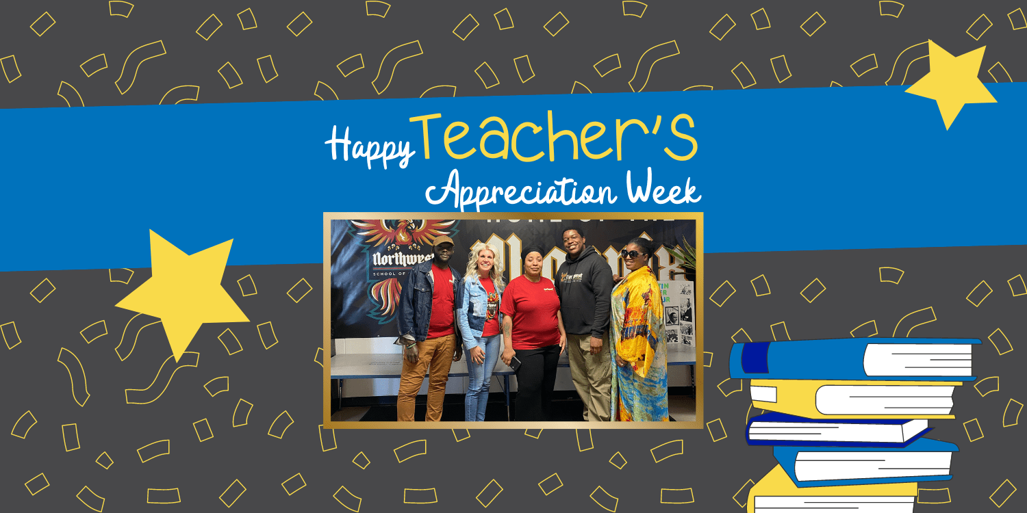 Teacher Appreciation Week graphic with five adults and decorative stars and books.