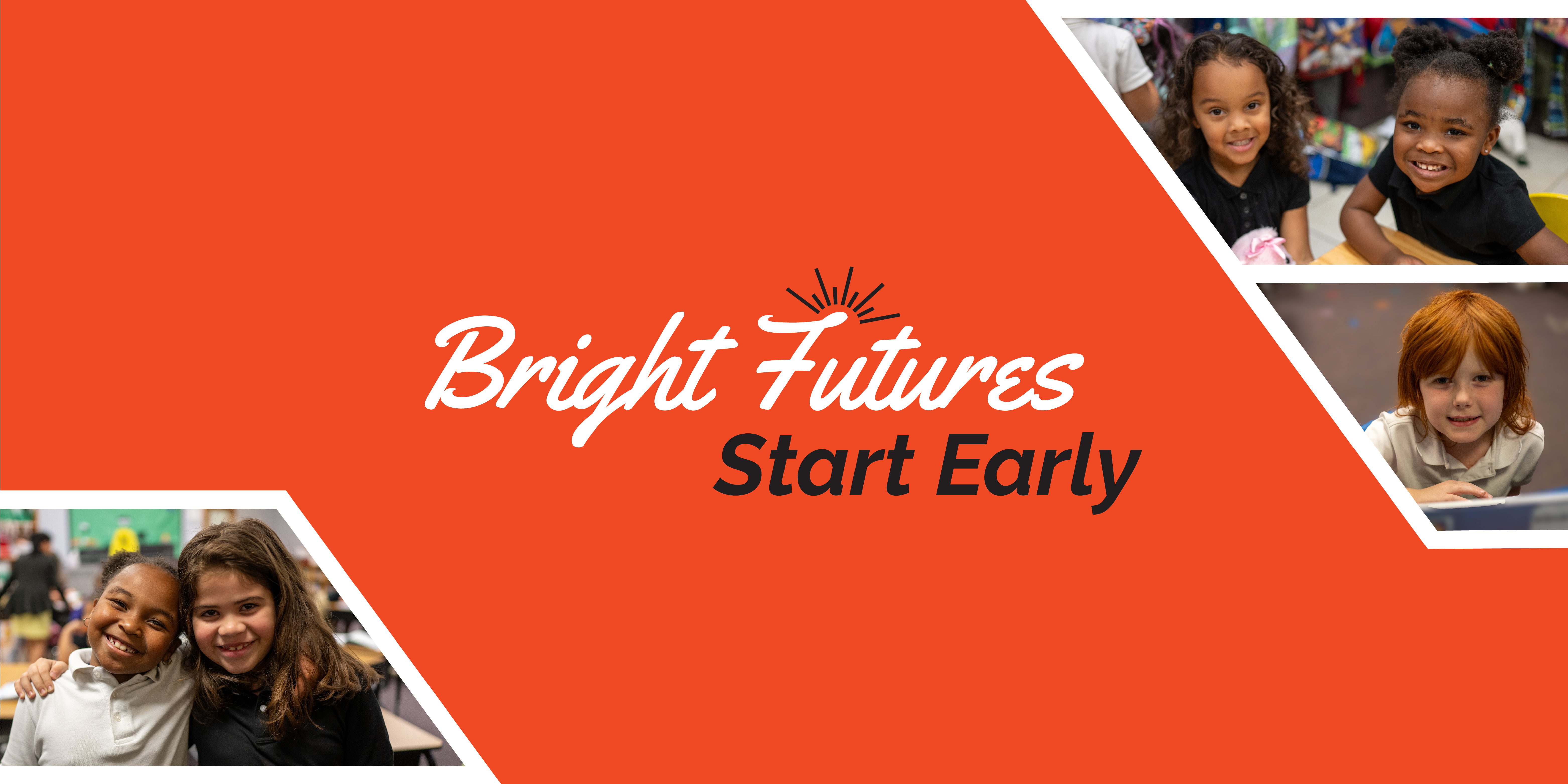 Four smiling children in classroom settings with text overlay.