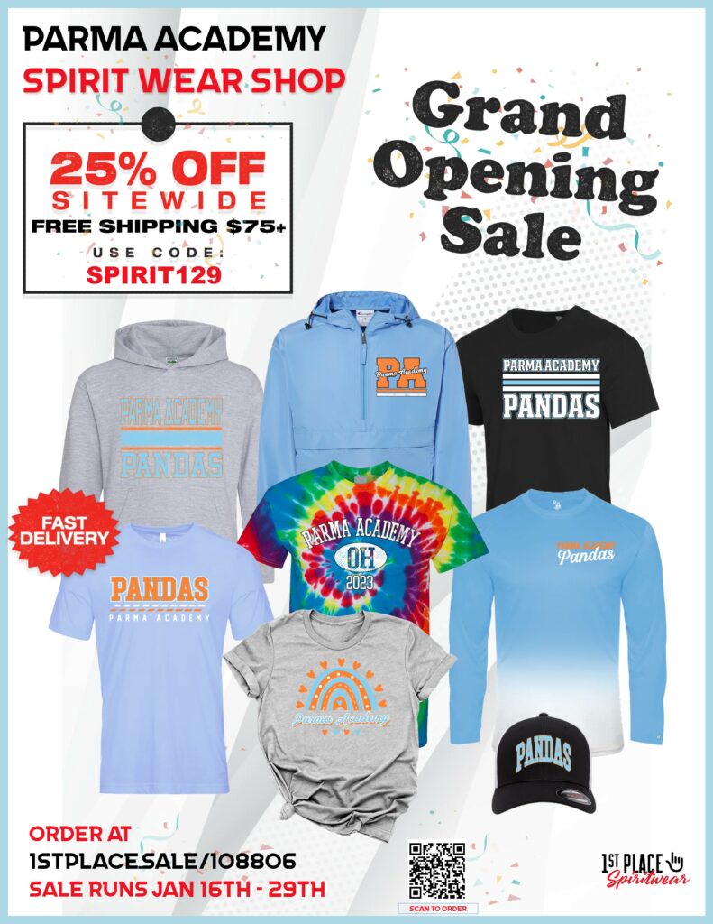 Flyer for spirit wear sale with various clothing items.