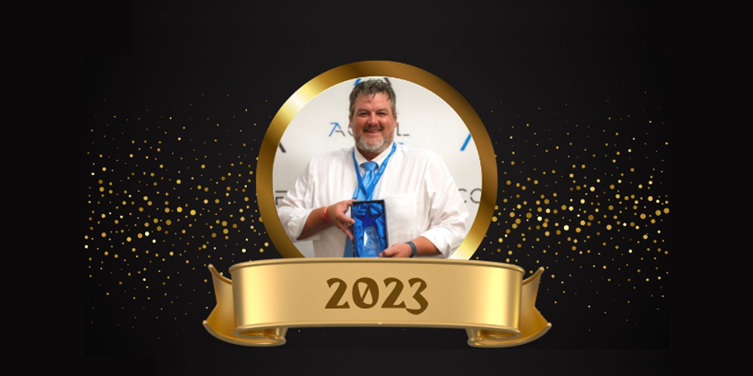 Adult holding a blue award in a celebratory graphic with gold confetti.