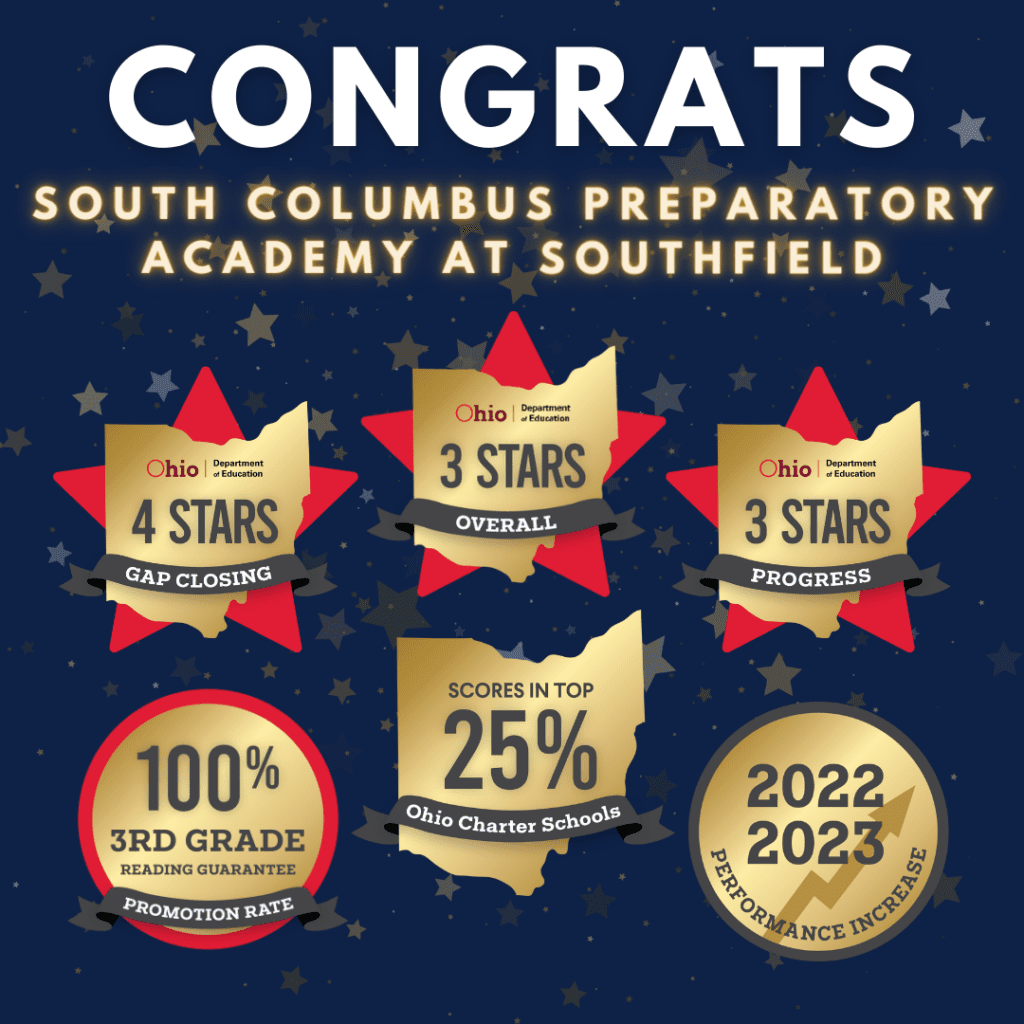 Flyer showing school performance achievements with star ratings and percentages.