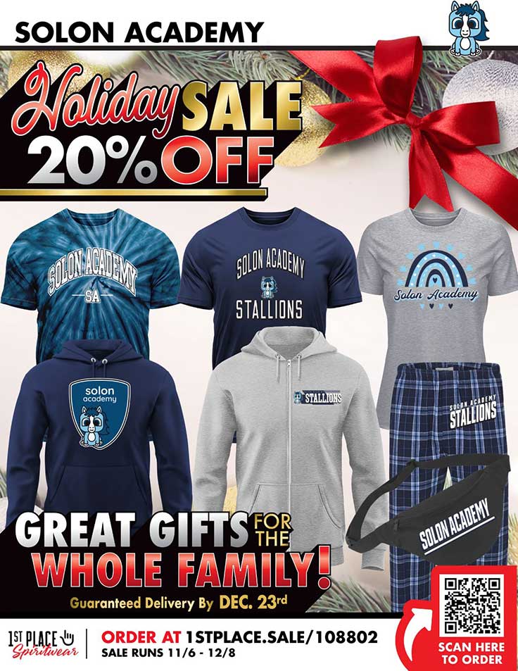 Flyer for a holiday sale on school apparel, including shirts, hoodies, and accessories.