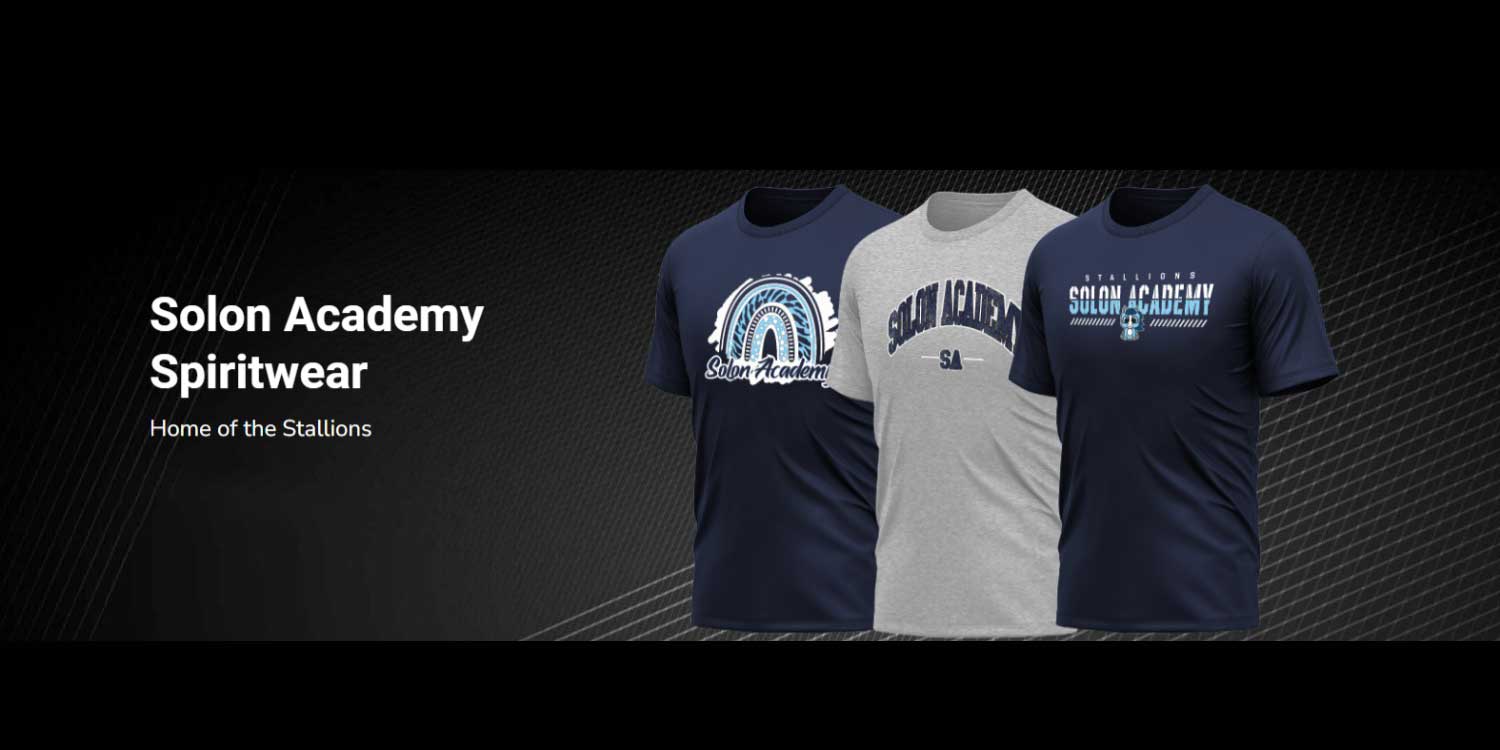 Three Solon Academy spiritwear t-shirts on display.