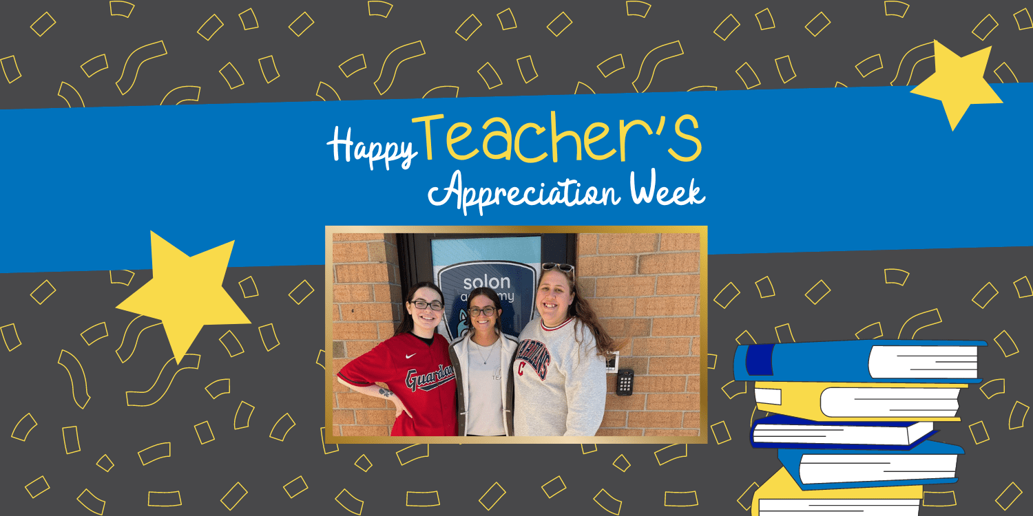Teacher Appreciation Week graphic with three smiling adults, stars, and books.