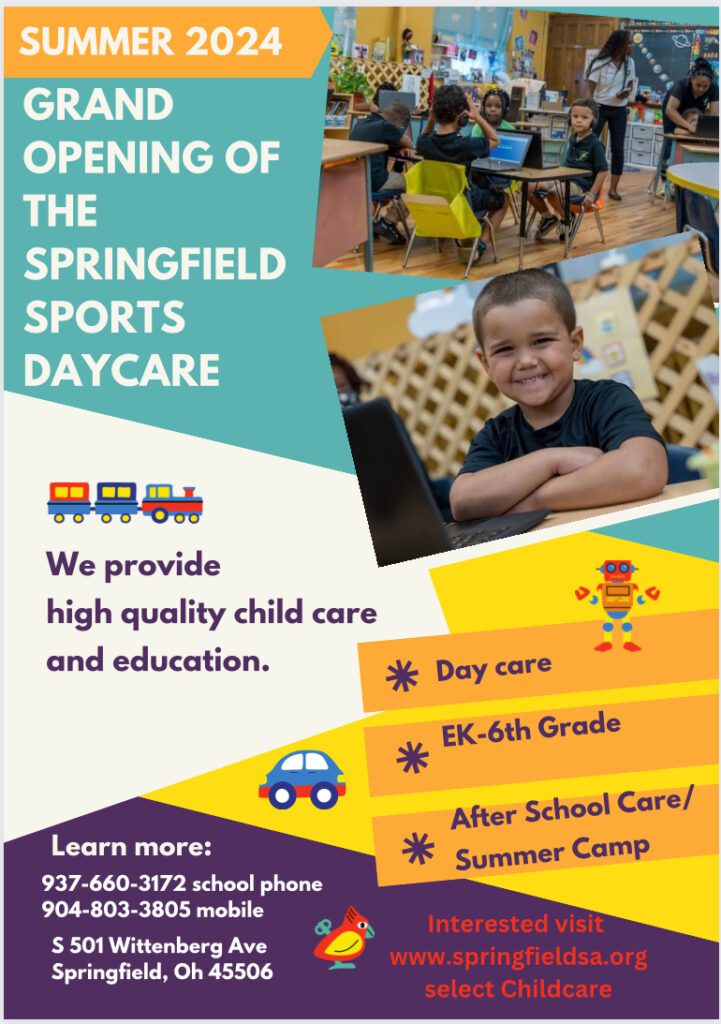 Flyer for daycare grand opening with children and service details.