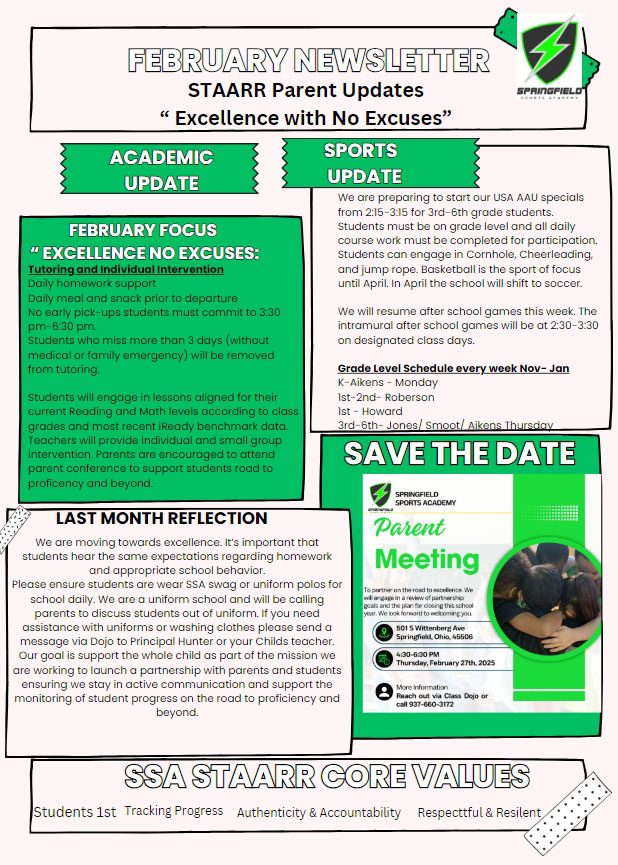 February newsletter with academic, sports, and parent meeting information.