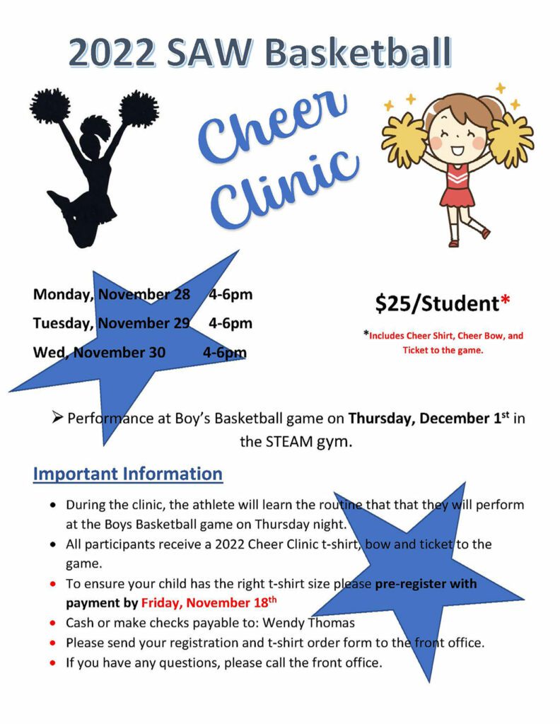 Flyer for a cheer clinic with cheerleader illustrations and event details.