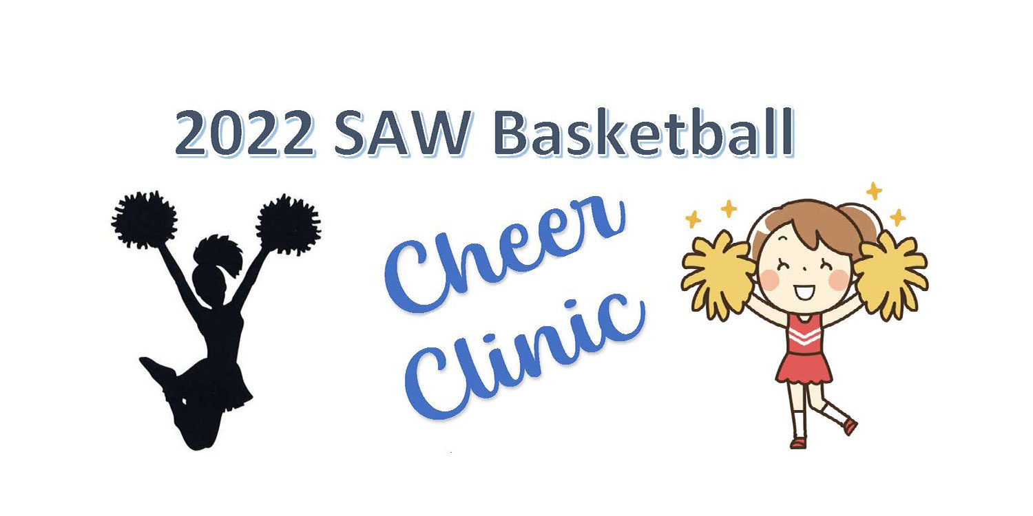 Cheer clinic advertisement with two cheerleaders and text.