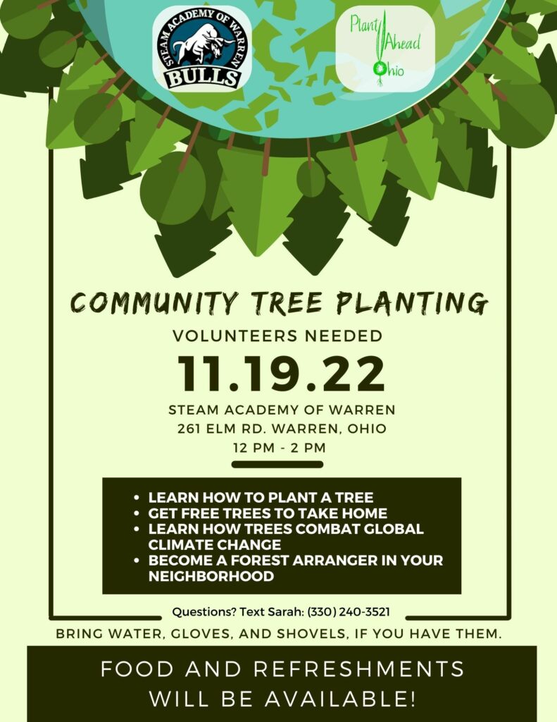 Flyer for a community tree planting event with date, time, and activities.