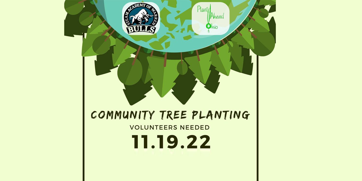 Flyer for a community tree planting event, with logos and date.