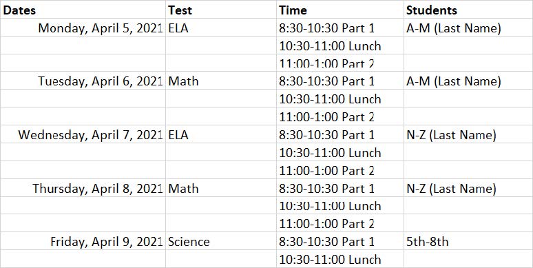 Table showing test schedule with dates, subjects, times, and student groups.