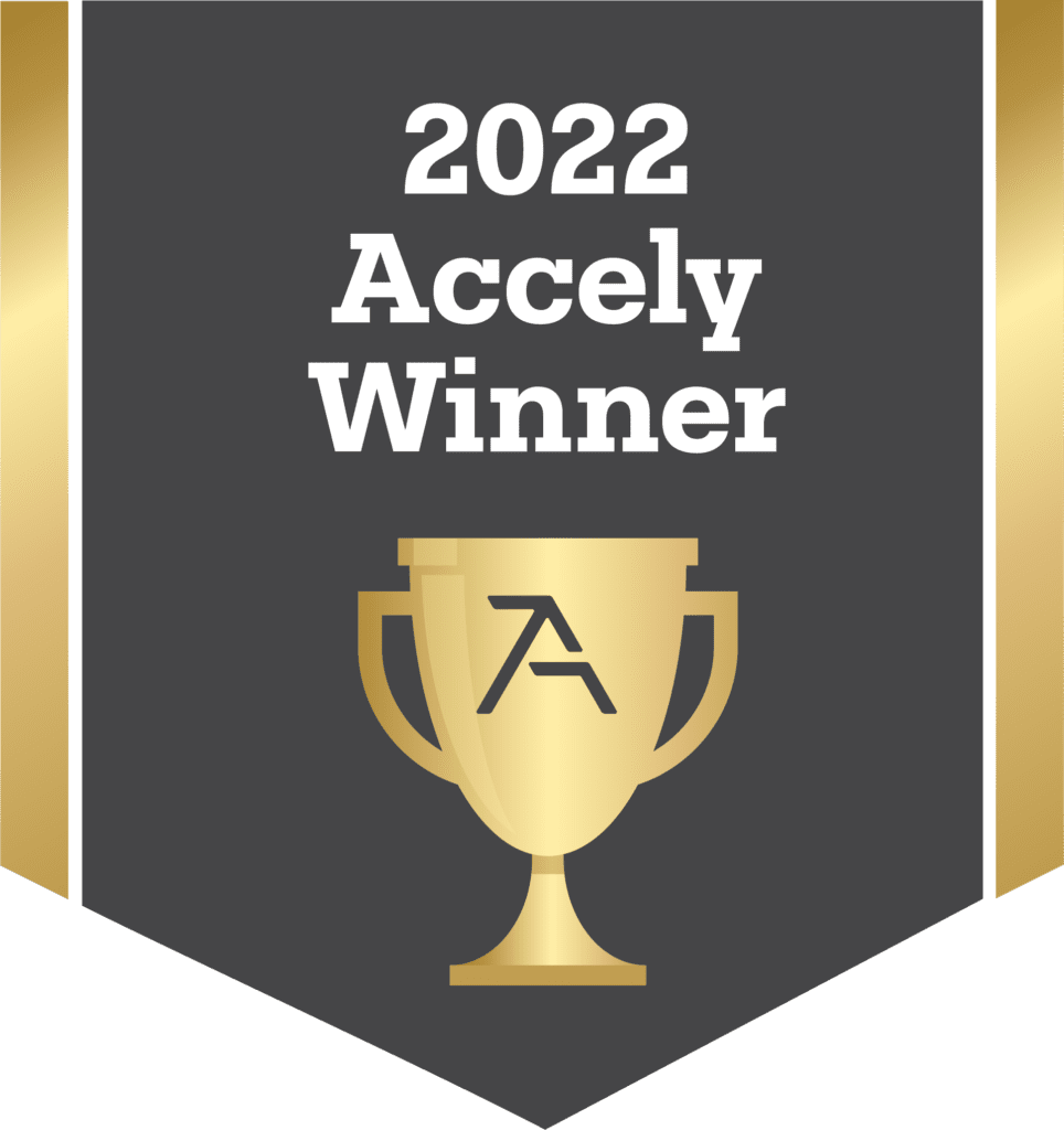 2022 Accely Winner award graphic with a golden trophy.