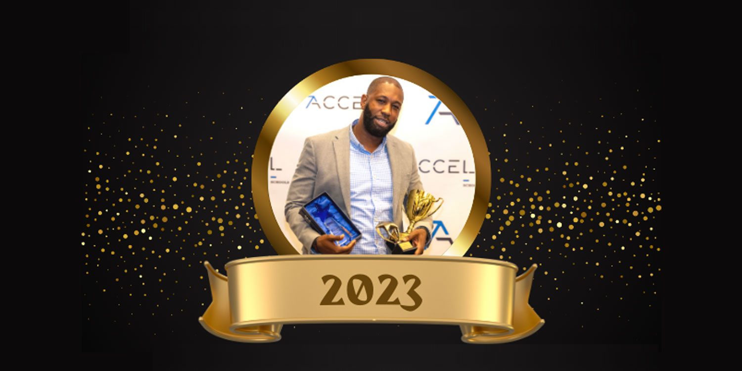 Adult holding a golden trophy and tablet, framed by a gold circle and banner.