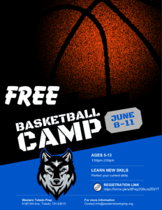 Flyer for a free basketball camp with a wolf logo.