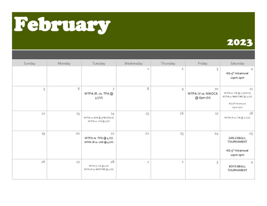 February 2023 calendar with sports events.