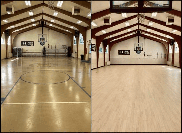Gymnasium before and after floor renovation, showing old and new wooden floors.