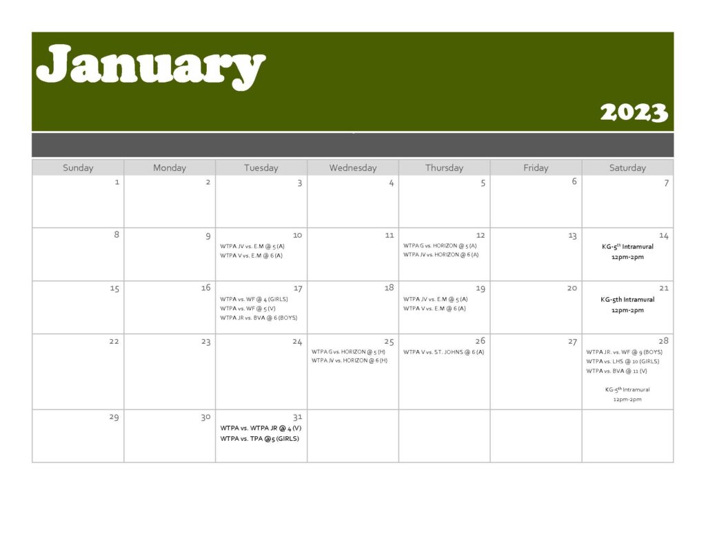 January 2023 calendar with scheduled events.