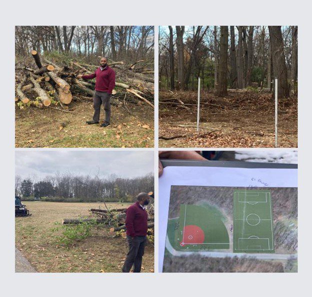 Four panels show land clearing and a field development plan.