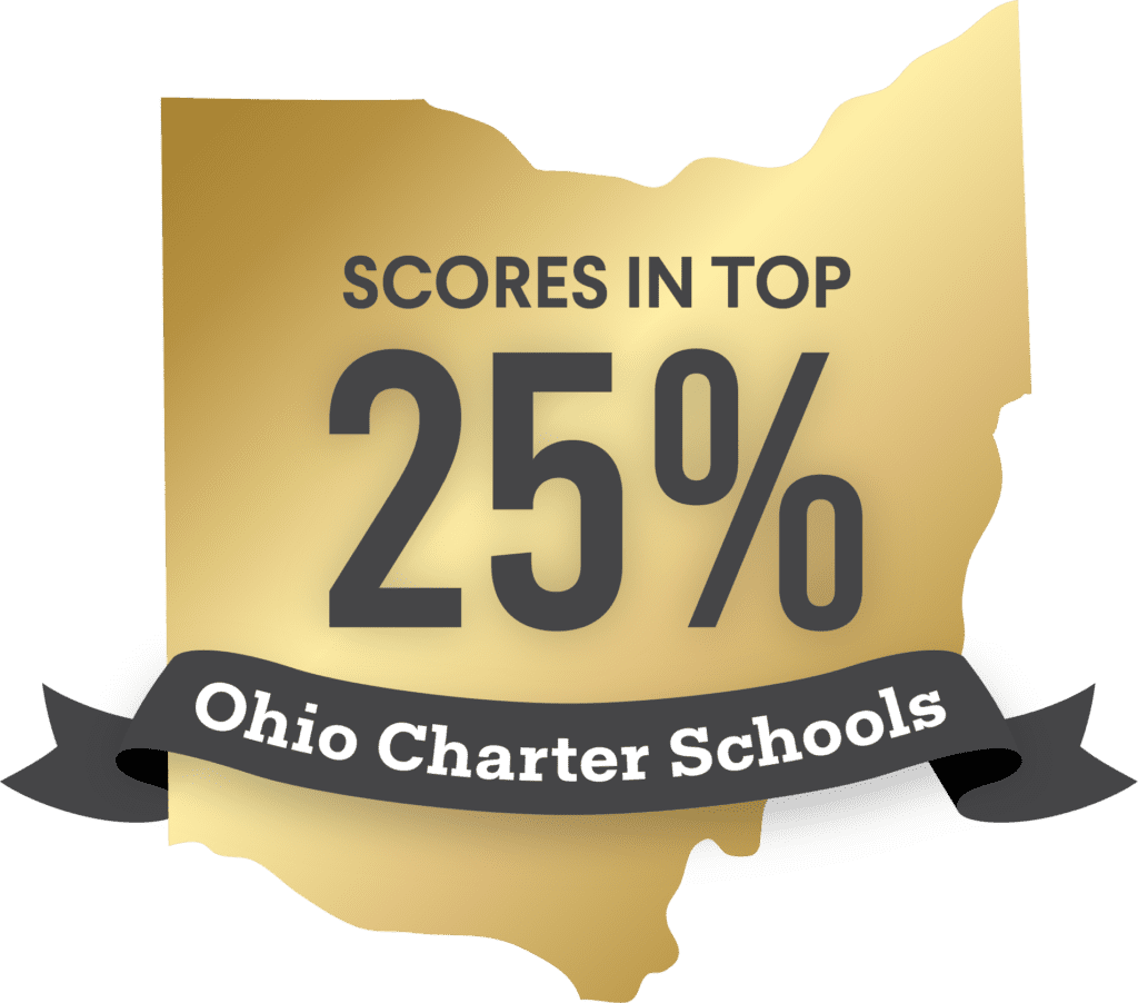 Ohio outline with text: Scores in Top 25% Ohio Charter Schools.