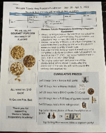Flyer for a popcorn fundraiser with prizes.