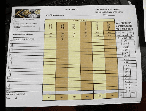 Popcorn fundraiser order form with sales grid.