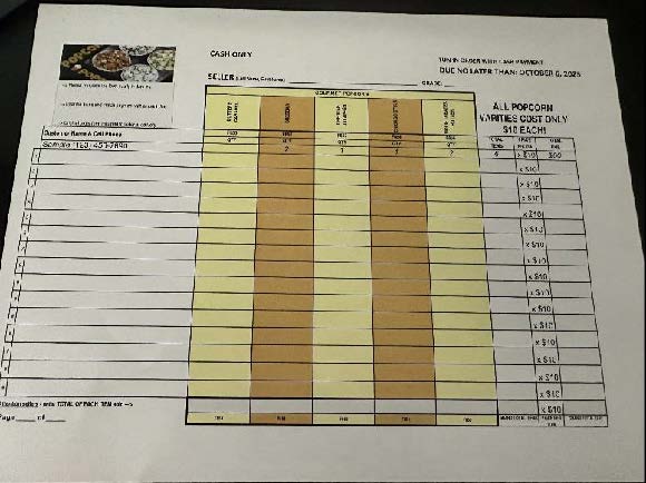 Popcorn order form with pricing and seller details.