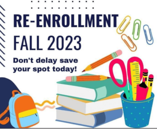 Flyer for Fall 2023 re-enrollment with school supplies.