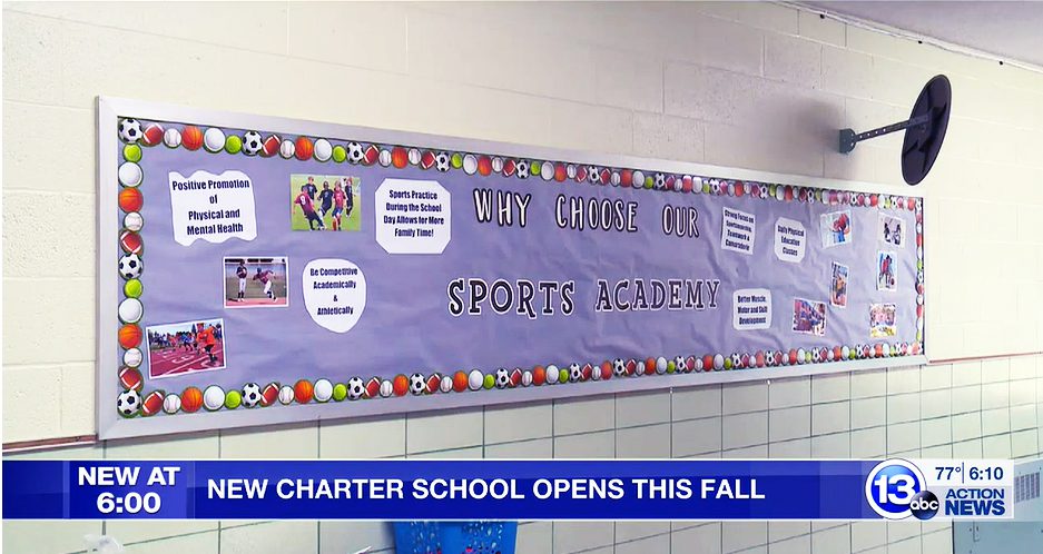Bulletin board promoting a sports academy with text and images.