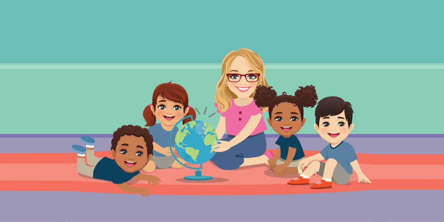 Adult and four children looking at a globe on a rug.