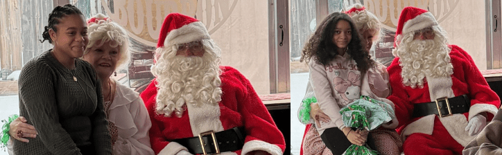 Adult and child with Santa and Mrs. Claus, child holds gift.