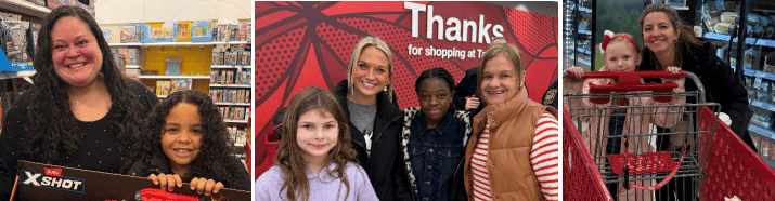 Adults and children smiling while shopping in stores.