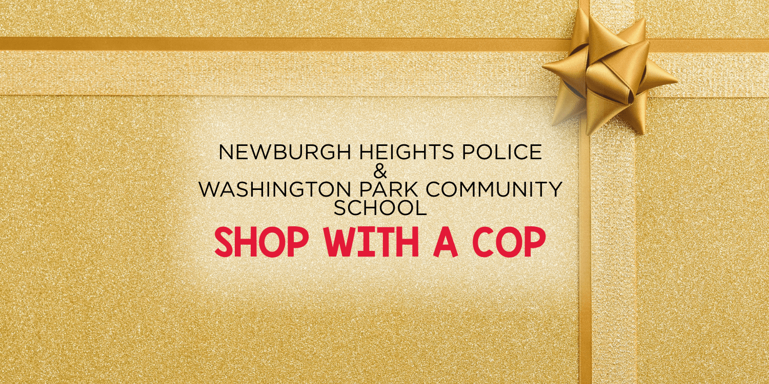 Golden gift background with text promoting a "Shop With A Cop" event.