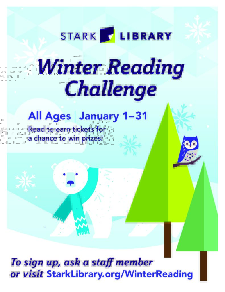 Winter Reading Challenge flyer with a polar bear, owl, and trees.
