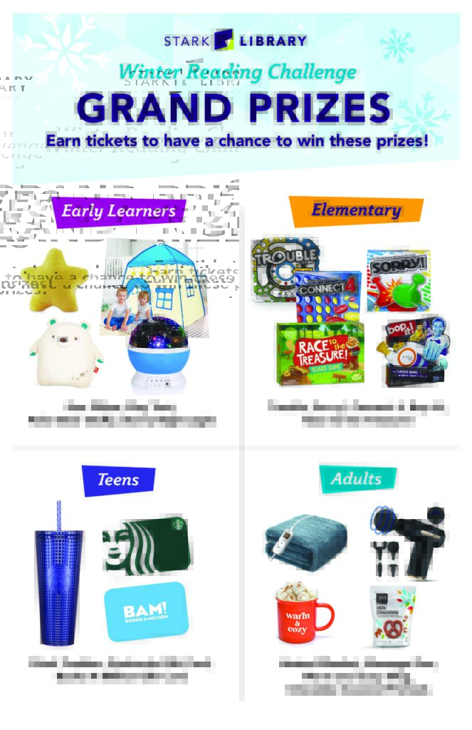 Flyer showing grand prizes for a winter reading challenge across four age groups.
