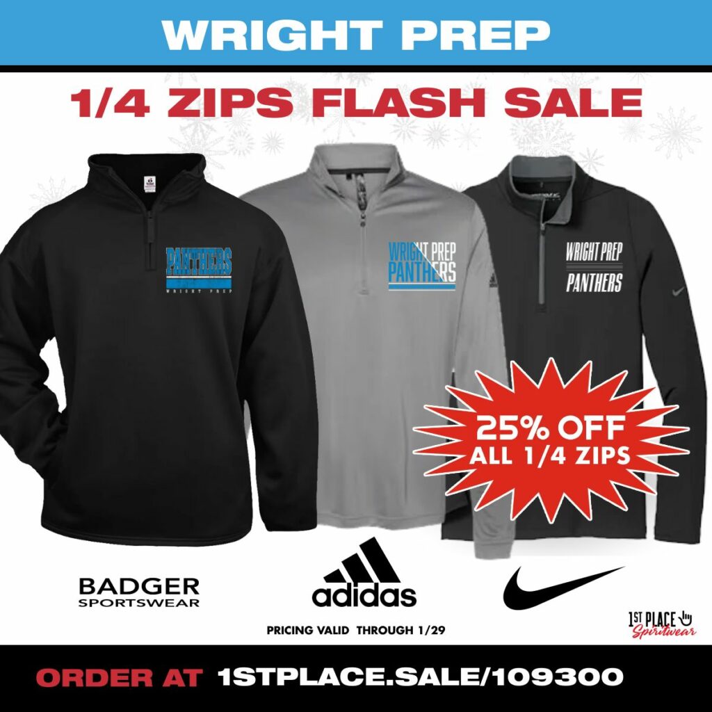 Flyer for 1/4 zip pullover sale with three shirts and a 25% off offer.